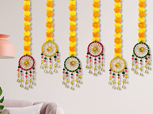 6 Pack - Approx 38 Inches - Handmade Artificial Marigold Fluffy Flowers Colorful Ring Pom Pom Hanging Mangal Fashions | Indian Home Decor and Craft