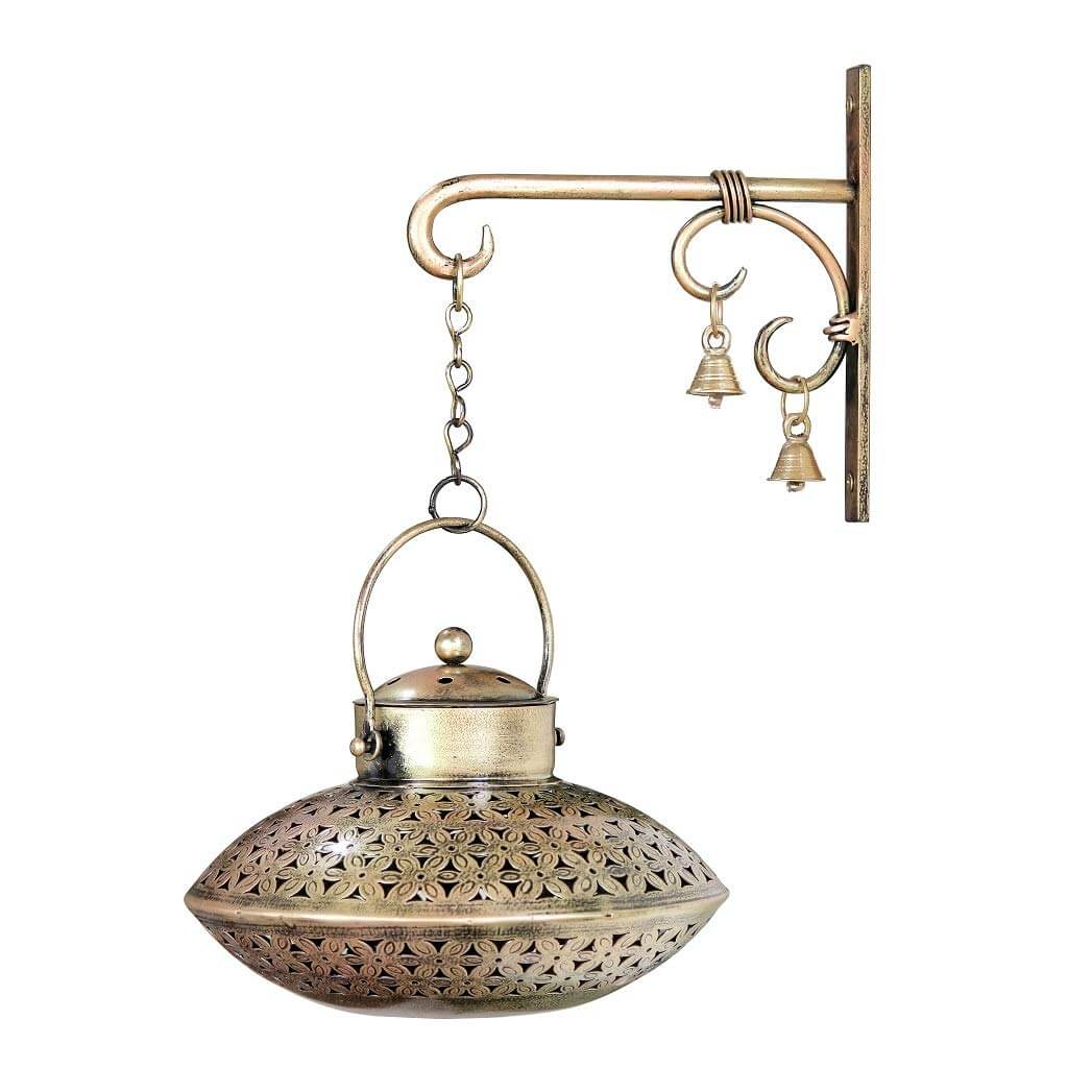 Cast Iron Degchi Dhoop Holder and Tea Light Holder for Home with Wall Hanging Stand and Brass Bells (9(L) x 9(B) x 6(H) inches, Antique Golden Brown - Round)