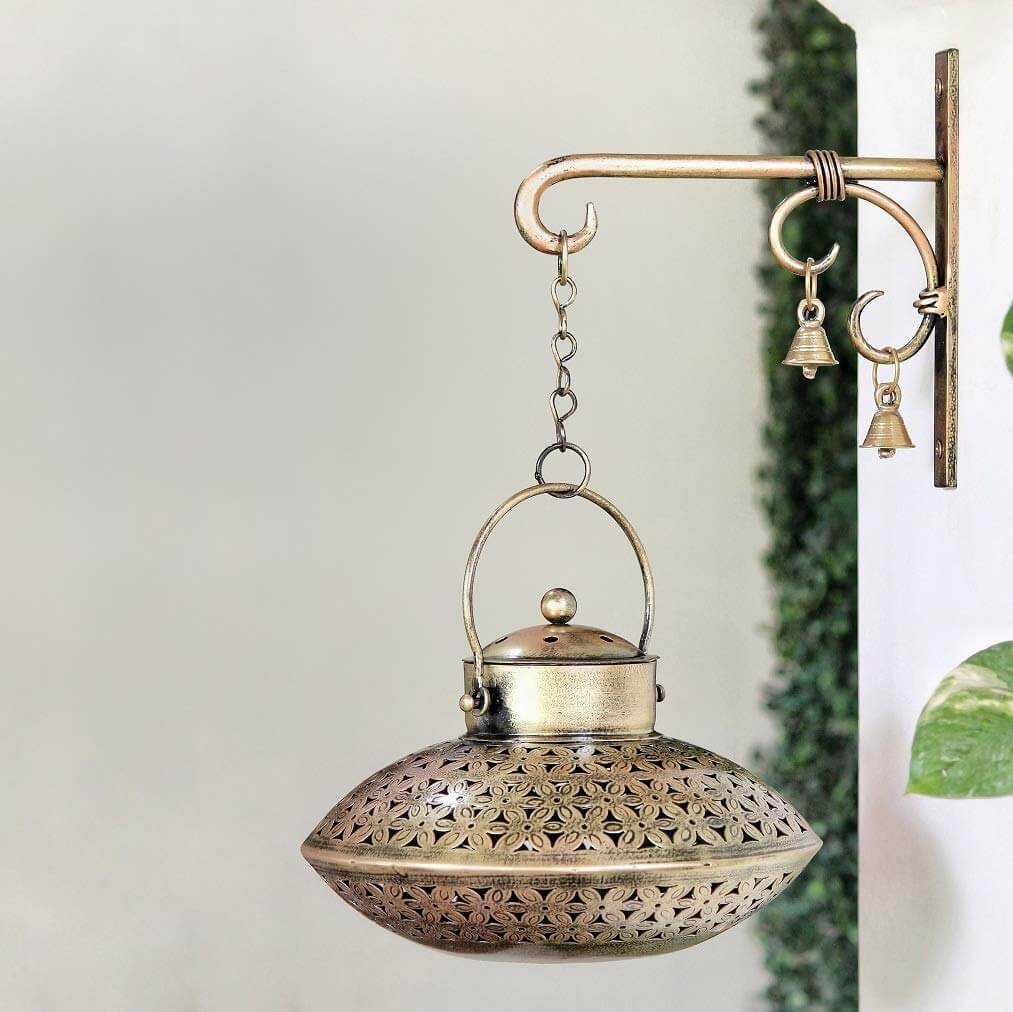Cast Iron Degchi Dhoop Holder and Tea Light Holder for Home with Wall Hanging Stand and Brass Bells (9(L) x 9(B) x 6(H) inches, Antique Golden Brown - Round)