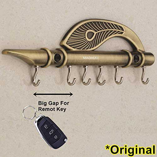 7.2 Inch | 6 Hooks - Flute & Peacock Quills Key Stand Key Holder for Home & Office Antique Brass Mangal Fashions | Indian Home Decor and Craft