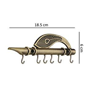 7.2 Inch | 6 Hooks - Flute & Peacock Quills Key Stand Key Holder for Home & Office Antique Brass Mangal Fashions | Indian Home Decor and Craft