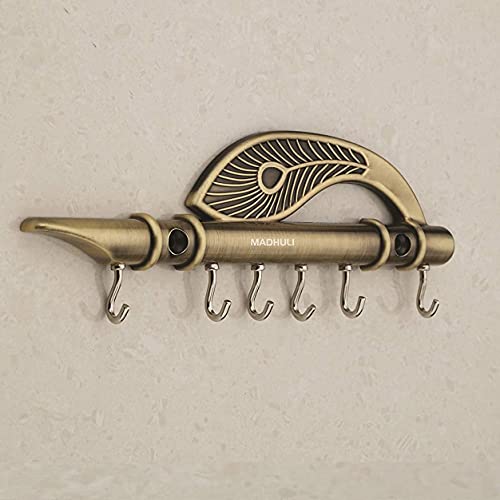 7.2 Inch | 6 Hooks - Flute & Peacock Quills Key Stand Key Holder for Home & Office Antique Brass Mangal Fashions | Indian Home Decor and Craft