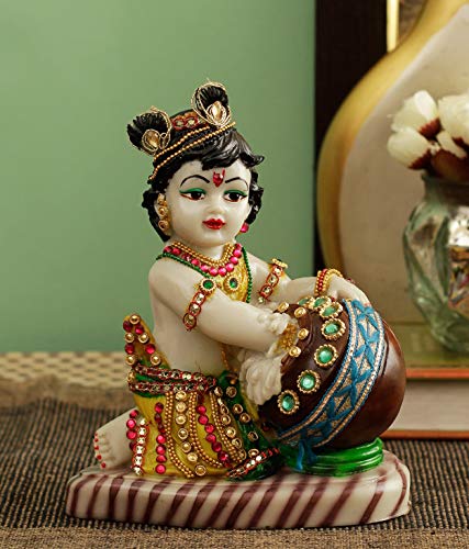 7.5 x 6 Inch - Lord Krishna Makhan Chor Idol Sculpture Decorative Statue (Multicolor) Mangal Fashions | Indian Home Decor and Craft