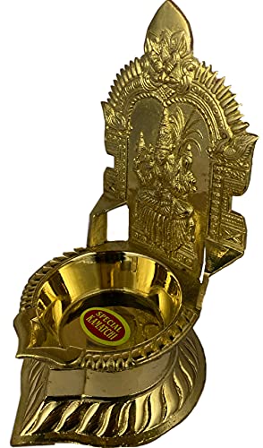 7 Inch (17.8 cm) Traditional Brass Kamatchi Vilaku Deepam Diya Oil Lamp (Golden) with Base Plate Mangal Fashions | Indian Home Decor and Craft