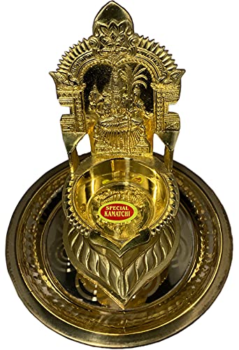 7 Inch (17.8 cm) Traditional Brass Kamatchi Vilaku Deepam Diya Oil Lamp (Golden) with Base Plate Mangal Fashions | Indian Home Decor and Craft