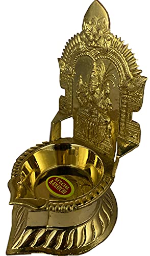 7 Inch (17.8 cm) Traditional Brass Kamatchi Vilaku Deepam Diya Oil Lamp (Golden) with Lightweight Base Plate Mangal Fashions | Indian Home Decor and Craft