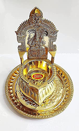 7 Inch (17.8 cm) Traditional Brass Kamatchi Vilaku Deepam Diya Oil Lamp (Golden) with Lightweight Base Plate Mangal Fashions | Indian Home Decor and Craft