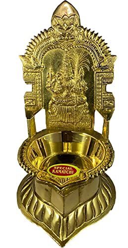 7 Inch (17.8 cm) Traditional Brass Kamatchi Vilaku Deepam Diya Oil Lamp (Golden) with Lightweight Base Plate Mangal Fashions | Indian Home Decor and Craft