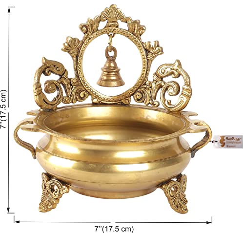 7 Inch Ethnic Indian Carved Brass Decor Urli Bowl with Bell (Golden) (1.6kg) Mangal Fashions | Indian Home Decor and Craft