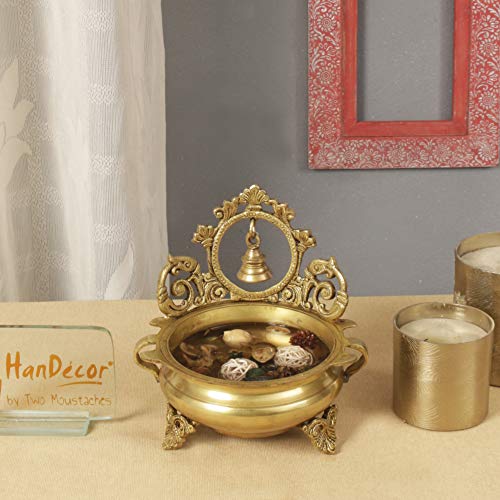 7 Inch Ethnic Indian Carved Brass Decor Urli Bowl with Bell (Golden) (1.6kg) Mangal Fashions | Indian Home Decor and Craft