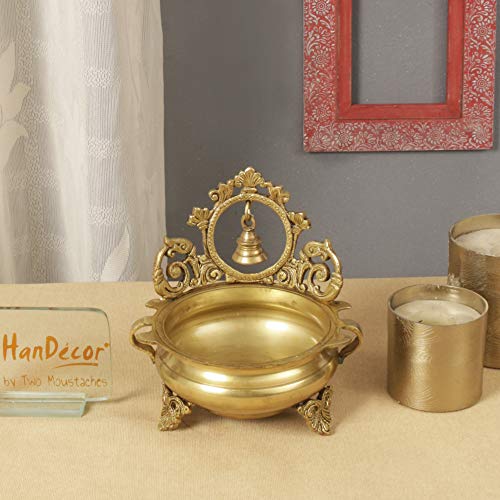 7 Inch Ethnic Indian Carved Brass Decor Urli Bowl with Bell (Golden) (1.6kg) Mangal Fashions | Indian Home Decor and Craft