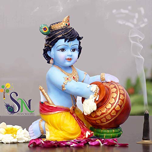 7 x 5 Inch - Hand Carved Baby Krishna Resin Sculpture Lord Krishna Makhan Chor Idol Mangal Fashions | Indian Home Decor and Craft
