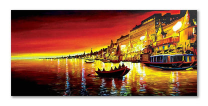 Varanasi River Ganga Painting (Printed on Canvas, 58 x 26 inch, Multicolor)