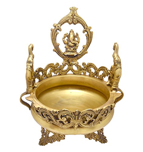 8 Inch Elephant Design Decorative Ganesha Traditional Urli Brass Bowl Showpiece (Golden Color) (3.5 kg) Mangal Fashions | Indian Home Decor and Craft