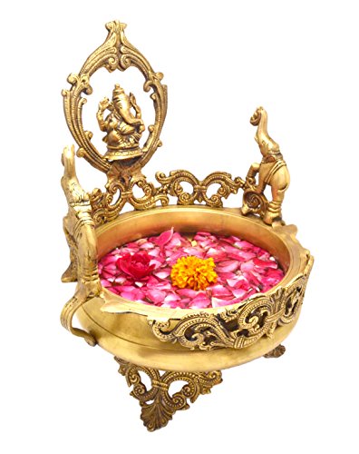 8 Inch Elephant Design Decorative Ganesha Traditional Urli Brass Bowl Showpiece (Golden Color) (3.5 kg) Mangal Fashions | Indian Home Decor and Craft