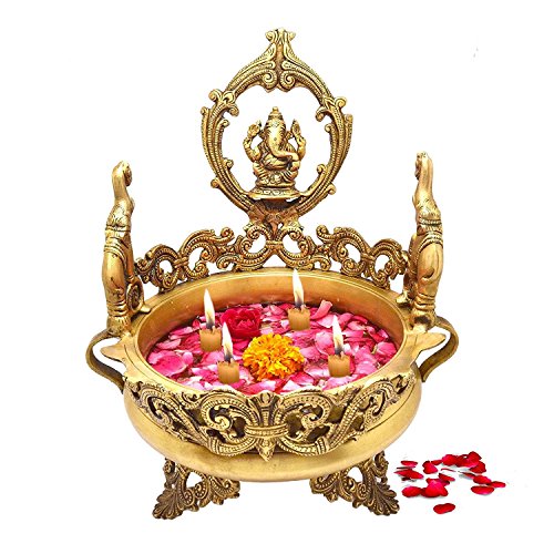 8 Inch Elephant Design Decorative Ganesha Traditional Urli Brass Bowl Showpiece (Golden Color) (3.5 kg) Mangal Fashions | Indian Home Decor and Craft