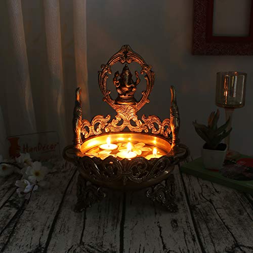 8 Inch Elephant Design Decorative Ganesha Traditional Urli Brass Bowl Showpiece (Golden Color) (3.5 kg) Mangal Fashions | Indian Home Decor and Craft