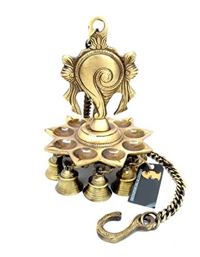 9 Face Brass Shankh Design Oil Wick Hanging Diya (Brown; 5 Inch x 5 Inch x 7 Inch) Mangal Fashions | Indian Home Decor and Craft