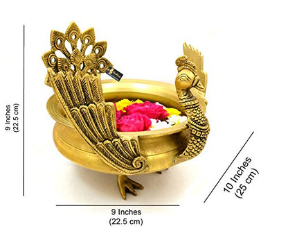 9 Inch Ethnic Winged Peacock Design Brass Urli (Golden Color) (2.5 kg) Mangal Fashions | Indian Home Decor and Craft