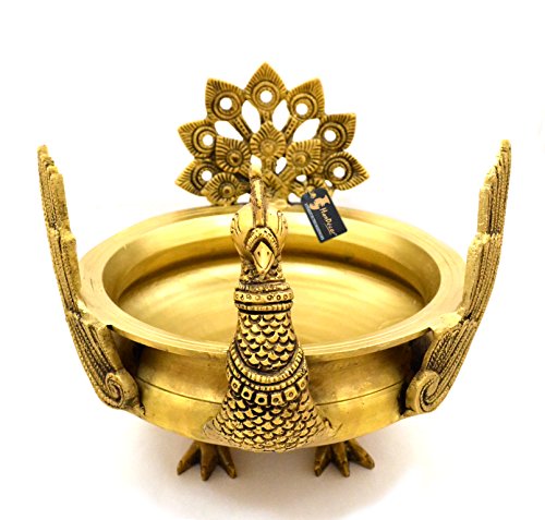 9 Inch Ethnic Winged Peacock Design Brass Urli (Golden Color) (2.5 kg) Mangal Fashions | Indian Home Decor and Craft