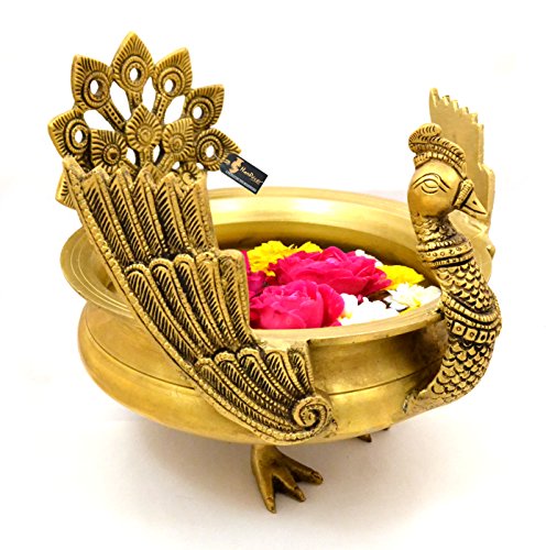 9 Inch Ethnic Winged Peacock Design Brass Urli (Golden Color) (2.5 kg) Mangal Fashions | Indian Home Decor and Craft