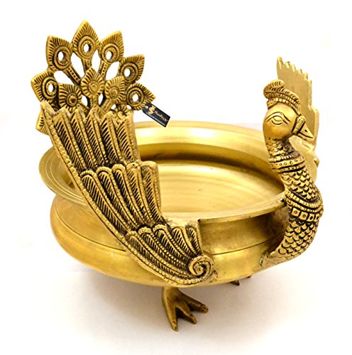9 Inch Ethnic Winged Peacock Design Brass Urli (Golden Color) (2.5 kg) Mangal Fashions | Indian Home Decor and Craft
