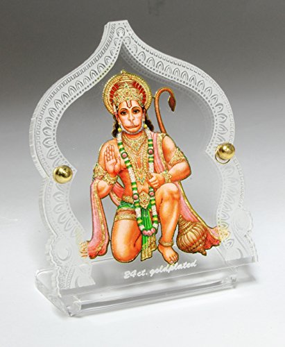 Acrylic Gold Plated Hanuman ji with Prayer Beads Car Dashboard Idol (4 cm x 8 cm x 6.5 cm, Multicolour) Mangal Fashions | Indian Home Decor and Craft