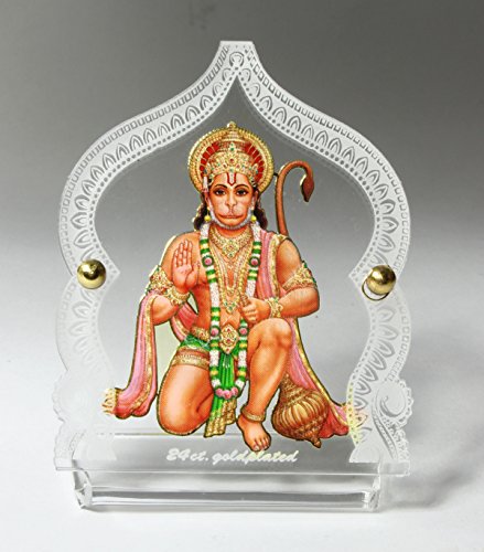 Acrylic Gold Plated Hanuman ji with Prayer Beads Car Dashboard Idol (4 cm x 8 cm x 6.5 cm, Multicolour) Mangal Fashions | Indian Home Decor and Craft