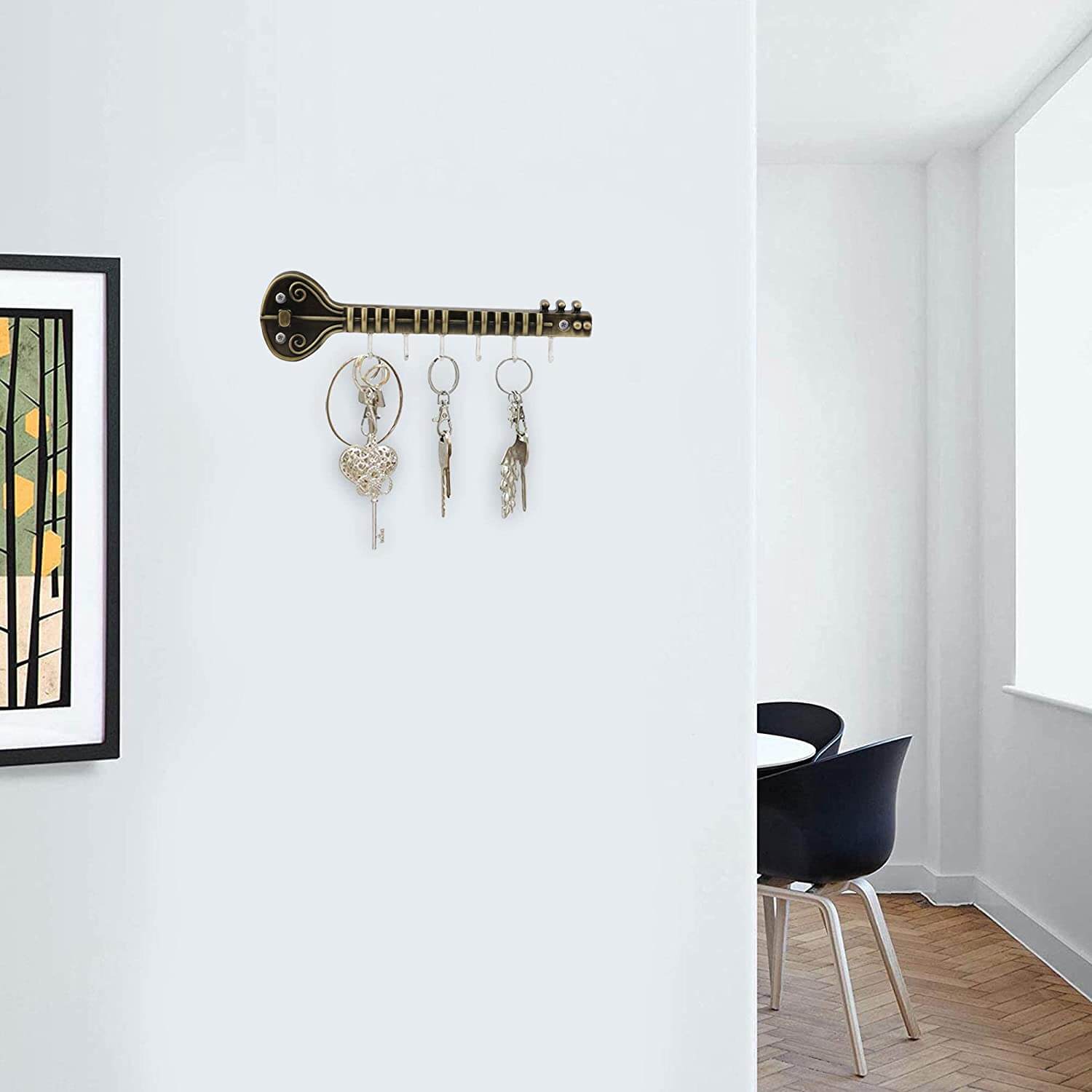 Antique Sitar Key Holder for Wall - 6 pin Key Hanging Hooks Rail Mangal Fashions | Indian Home Decor and Craft