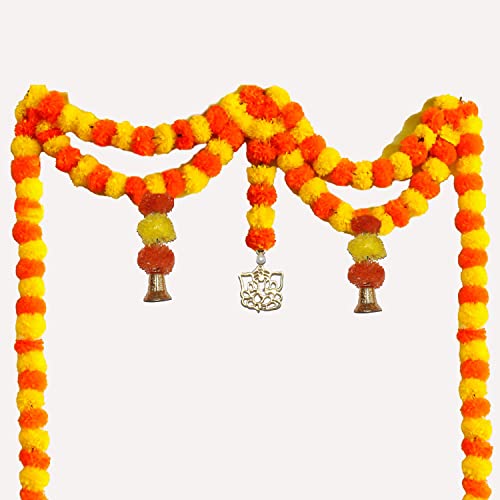 Artificial Marigold Fluffy Flowers Garlands Door Toran Set/Door Hangings for Decoration with Ganesha (Approx. 100 X 152 cms) (Yellow & Dark Orange) Mangal Fashions | Indian Home Decor and Craft