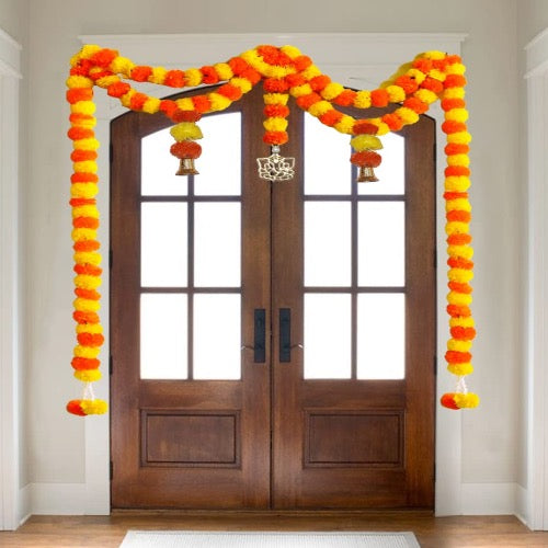 Artificial Marigold Fluffy Flowers Garlands Door Toran Set/Door Hangings for Decoration with Ganesha (Approx. 100 X 152 cms) (Yellow & Dark Orange) Mangal Fashions | Indian Home Decor and Craft