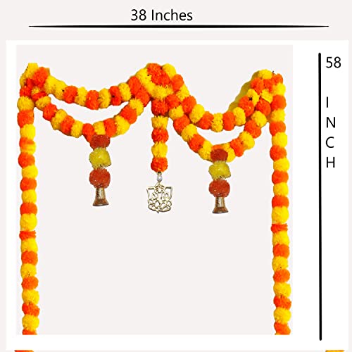 Artificial Marigold Fluffy Flowers Garlands Door Toran Set/Door Hangings for Decoration with Ganesha (Approx. 100 X 152 cms) (Yellow & Dark Orange) Mangal Fashions | Indian Home Decor and Craft