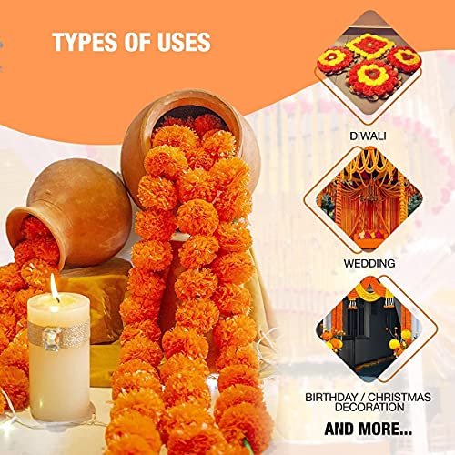 Artificial Marigold Fluffy Flowers Garlands Door Toran Set/Door Hangings for Decoration with Ganesha (Approx. 100 X 152 cms) (Yellow & Dark Orange) Mangal Fashions | Indian Home Decor and Craft