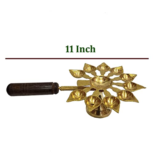 Brass Aarti Diya with Handle Wooden 10 Bati Mangal Fashions | Indian Home Decor and Craft