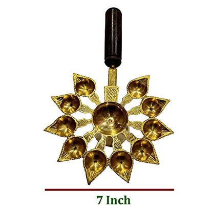 Brass Aarti Diya with Handle Wooden 10 Bati Mangal Fashions | Indian Home Decor and Craft