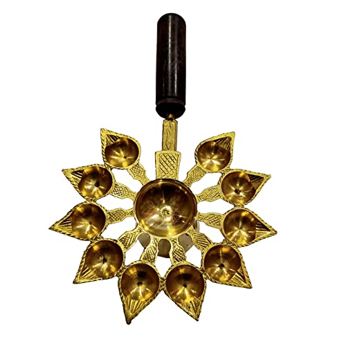 Brass Aarti Diya with Handle Wooden 10 Bati Mangal Fashions | Indian Home Decor and Craft