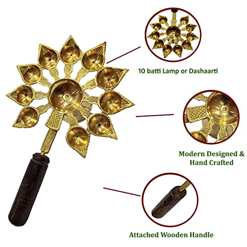 Brass Aarti Diya with Handle Wooden 10 Bati Mangal Fashions | Indian Home Decor and Craft