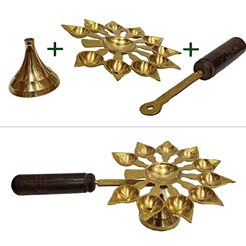 Brass Aarti Diya with Handle Wooden 10 Bati Mangal Fashions | Indian Home Decor and Craft