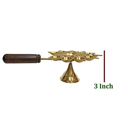 Brass Aarti Diya with Handle Wooden 10 Bati Mangal Fashions | Indian Home Decor and Craft