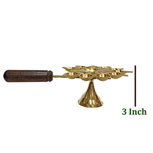 Brass Aarti Diya with Handle Wooden 10 Bati Mangal Fashions | Indian Home Decor and Craft