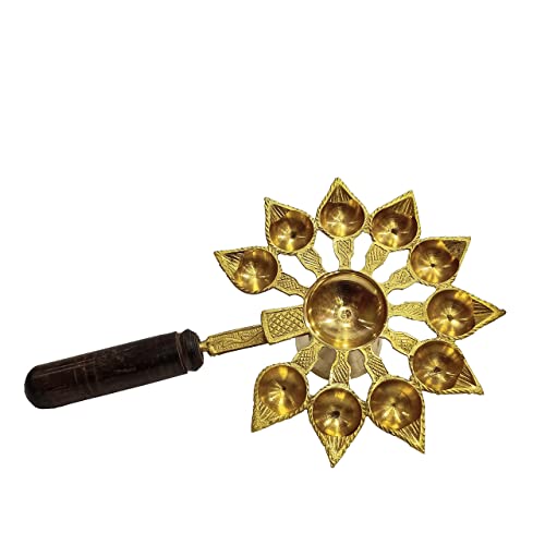Brass Aarti Diya with Handle Wooden 10 Bati Mangal Fashions | Indian Home Decor and Craft