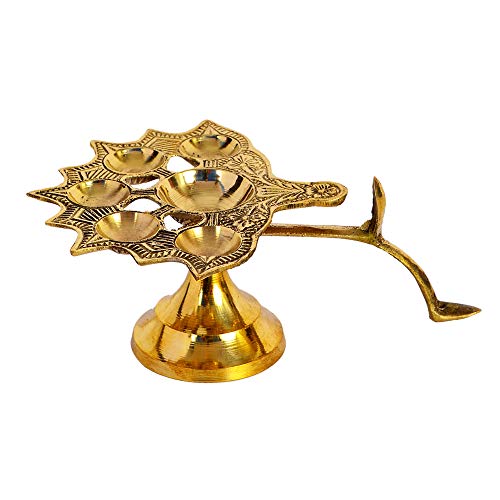 Brass Aarti Pancharati, 5 Face Oil Lotus Jyoti Diya Stand Handmade Religious Decorative Hindu Pooja Mangal Fashions | Indian Home Decor and Craft