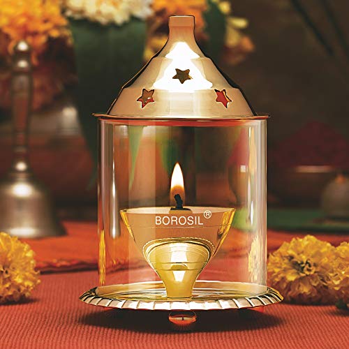 Brass Akhand Diya with Glass (13cm Diameter, 18cm Height, Brass) Mangal Fashions | Indian Home Decor and Craft