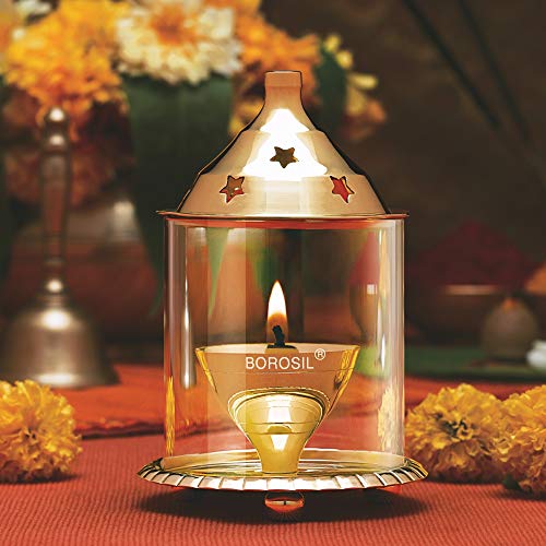 Brass Akhand Diya with Glass (9.4cm Diameter, 13cm Height, Brass) Mangal Fashions | Indian Home Decor and Craft