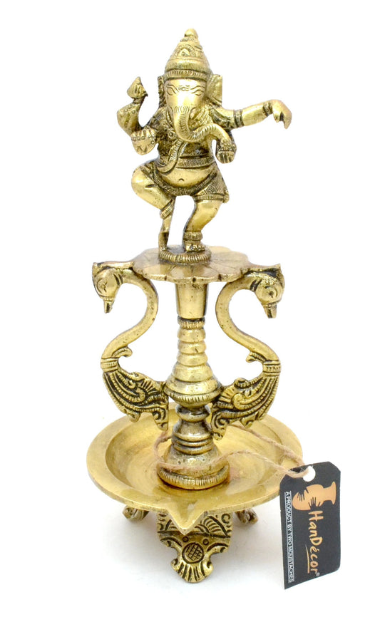 Brass Dancing Ganesha Oil Diya with Base (8 x 3.5 Inches) Mangal Fashions | Indian Home Decor and Craft