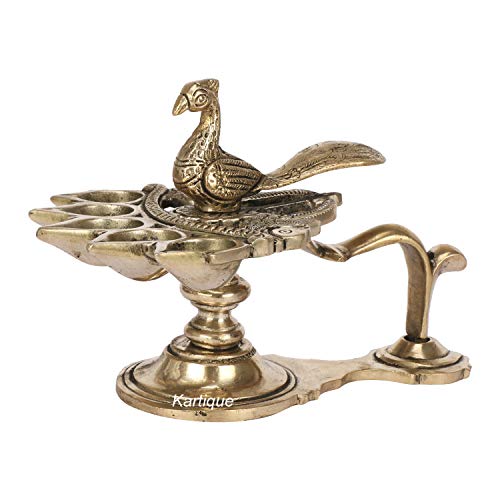 Brass Heavy Panch Arti Diya Oil Lamp with Peacock Handle Mangal Fashions | Indian Home Decor and Craft