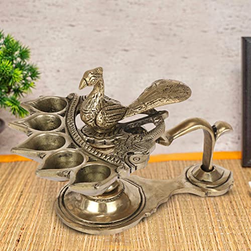 Brass Heavy Panch Arti Diya Oil Lamp with Peacock Handle Mangal Fashions | Indian Home Decor and Craft