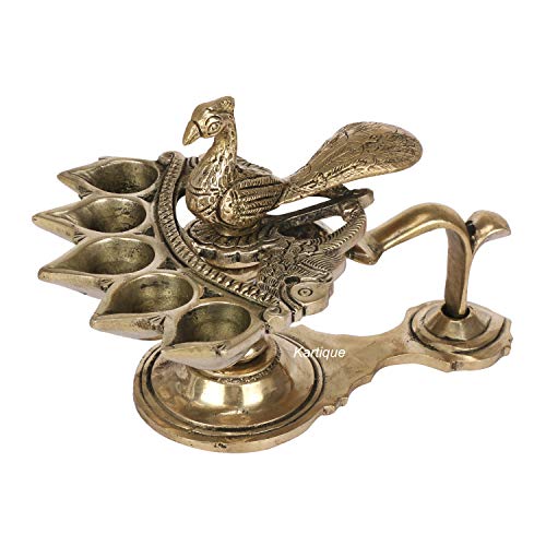 Brass Heavy Panch Arti Diya Oil Lamp with Peacock Handle Mangal Fashions | Indian Home Decor and Craft