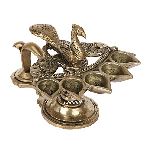 Brass Heavy Panch Arti Diya Oil Lamp with Peacock Handle Mangal Fashions | Indian Home Decor and Craft