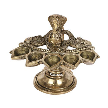 Brass Heavy Panch Arti Diya Oil Lamp with Peacock Handle Mangal Fashions | Indian Home Decor and Craft